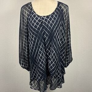 Blousology Navy Blue/White Geometric Layered Blouse Size XL